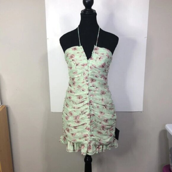 Lulu’s Dress Small Blooming Night Out Light  Green Floral Print Ruched Bodycon - Picture 4 of 16